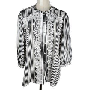 Karl Lagerfeld Paris Large Striped French Style Blouse Crochet Lace Black White